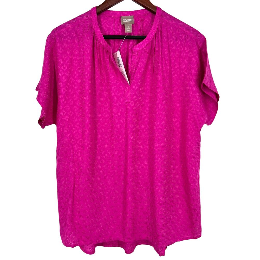 NEW NWT Chicos Sz 1 Medium Hot Pink Popover Blouse Shirt Top Tropical Summer